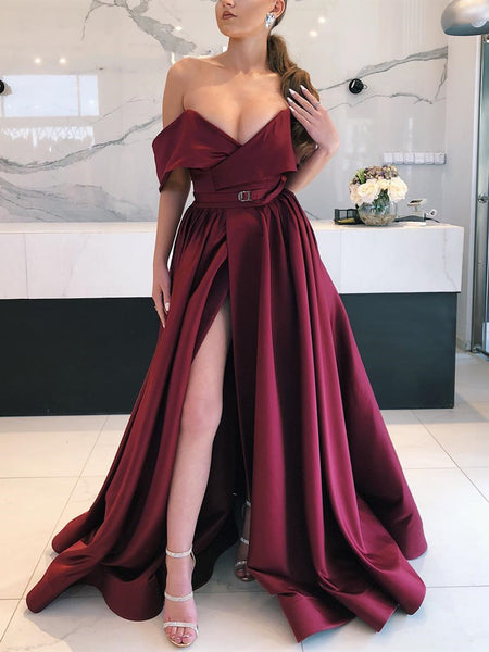 V Neck Off Shoulder Burgundy Long Prom Dress with Leg Slit