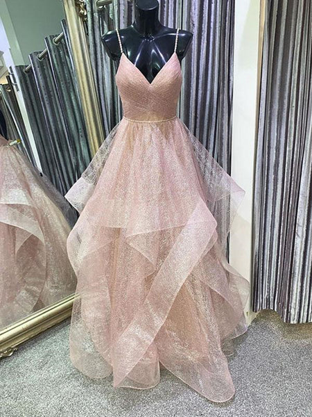 V Neck Rose Gold Backless Long Prom Dresses Open Back Rose Gold Forma jbydress