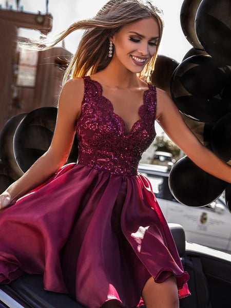V Neck Short Burgundy Lace Prom Dresses ...