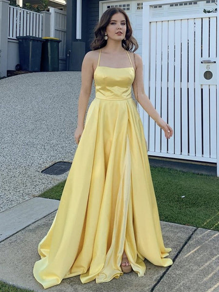 yellow prom dresses high neck long sleeve satin high front and low back long evening dresses main image 0