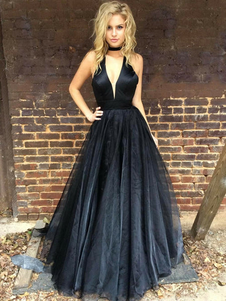 A Line Deep V Neck Black Prom Dress with Train, Black V Neck Graduatio –  jbydress