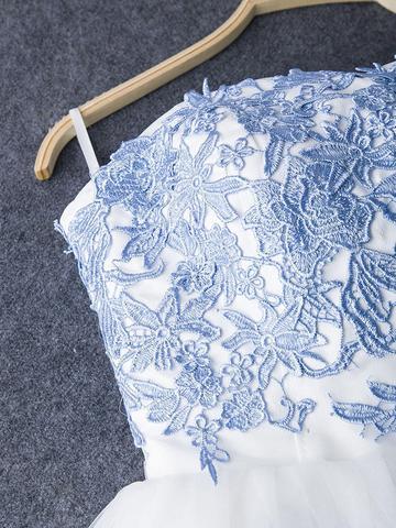 Short White Prom Dress with Blue Lace Applique, Blue Lace Formal Dress jbydress Short White Prom Dress with Blue Lace Applique, Blue Lace Formal Dress jbydress