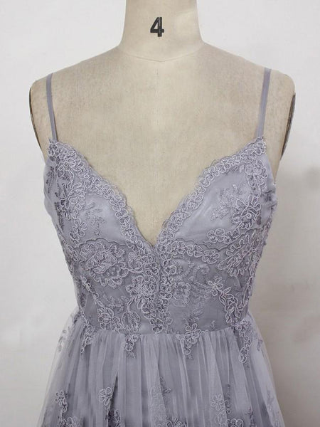A Line Spaghetti Straps Backless Gray Lace Prom Dresses, Gray Backless Formal Dresses, Backless Lace Evening Dresses