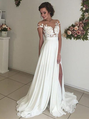 A Line See Through Ivory Lace Wedding Dresses, Ivory Lace Prom Dresses, Formal Dresses, Beach Wedding Dresses