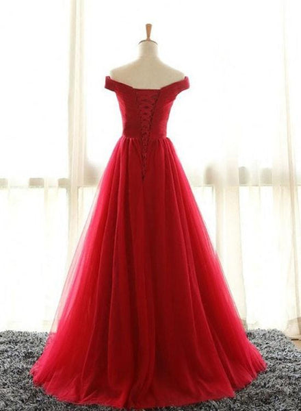 Red A Line Off Shoulder Floor Length Tulle Prom Dress, Off Shoulder Graduation Dress, Red Formal Dress