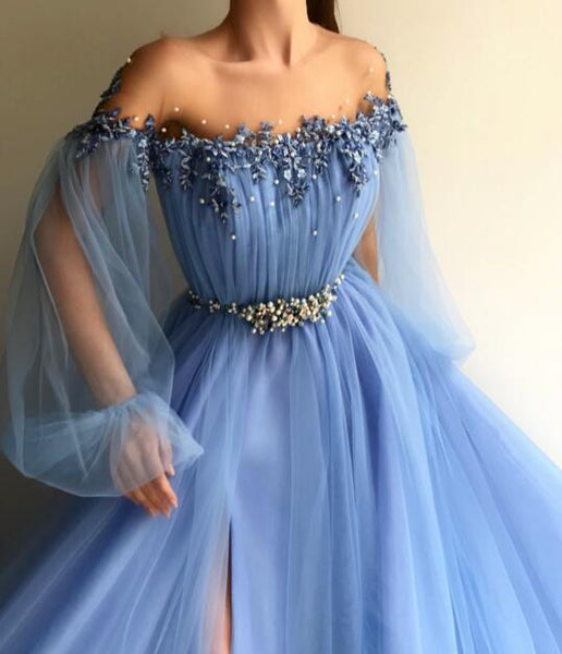 Custom Made Round Neck Baby Blue Tulle Long Sleeves Prom Dresses, Blue Long Sleeves Formal Dresses