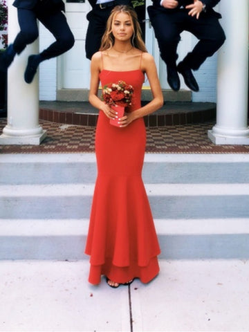 A Line Spaghetti Straps Red Mermaid Prom Dresses, Red Thin Straps Formal Dresses