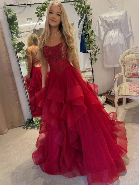 A Line Backless Burgundy Blue Tulle Long Prom Dresses, Wine Red Dark Blue Tulle Long Formal Graduation Dresses