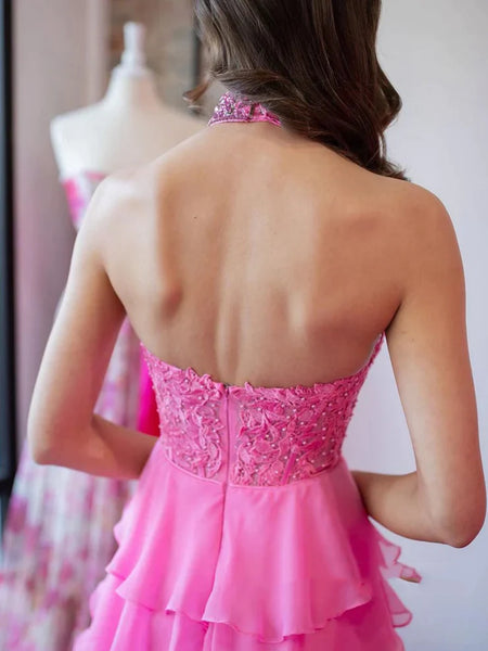 A Line Backless Halter Neck Beaded Pink Lace Long Prom Dresses, Layered Pink Chiffon Formal Dresses, Pink Evening Dresses with High Slit