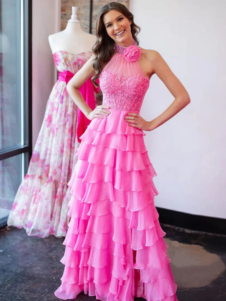 A Line Backless Halter Neck Beaded Pink Lace Long Prom Dresses, Layere jbydress A Line Backless Halter Neck Beaded Pink Lace Long Prom Dresses, Layere jbydress
