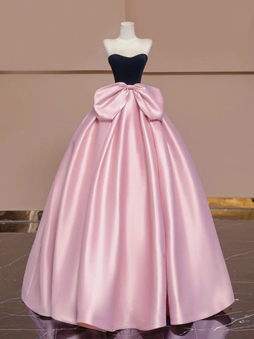 A Line Black Velvet Pink Satin Long Prom Dresses, Pink Long Formal Evening Dresses