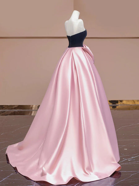 A Line Black Velvet Pink Satin Long Prom Dresses, Pink Long Formal Evening Dresses