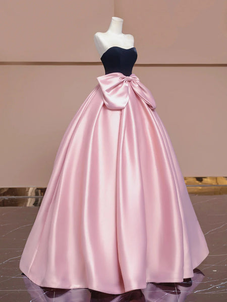 A Line Black Velvet Pink Satin Long Prom Dresses, Pink Long Formal Evening Dresses