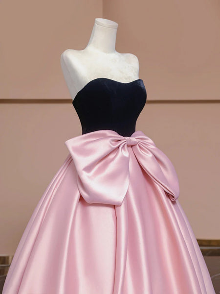 A Line Black Velvet Pink Satin Long Prom Dresses, Pink Long Formal Evening Dresses