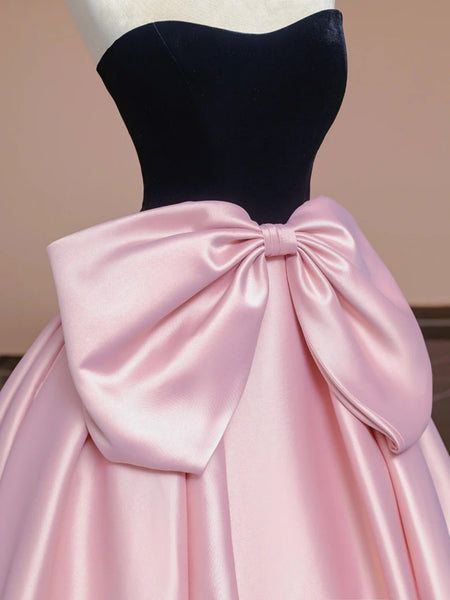 A Line Black Velvet Pink Satin Long Prom Dresses, Pink Long Formal Evening Dresses