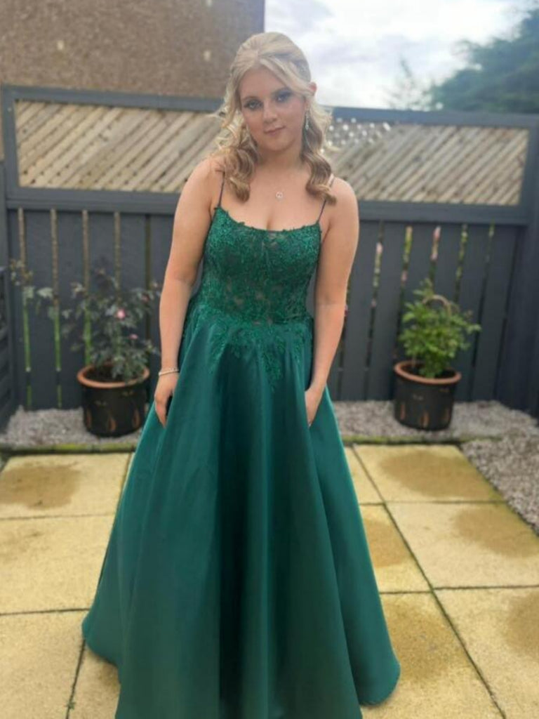 A Line Floor Length Green Lace Long Prom Dresses, Green Lace Formal Dresses, Long Green Evening Dresses