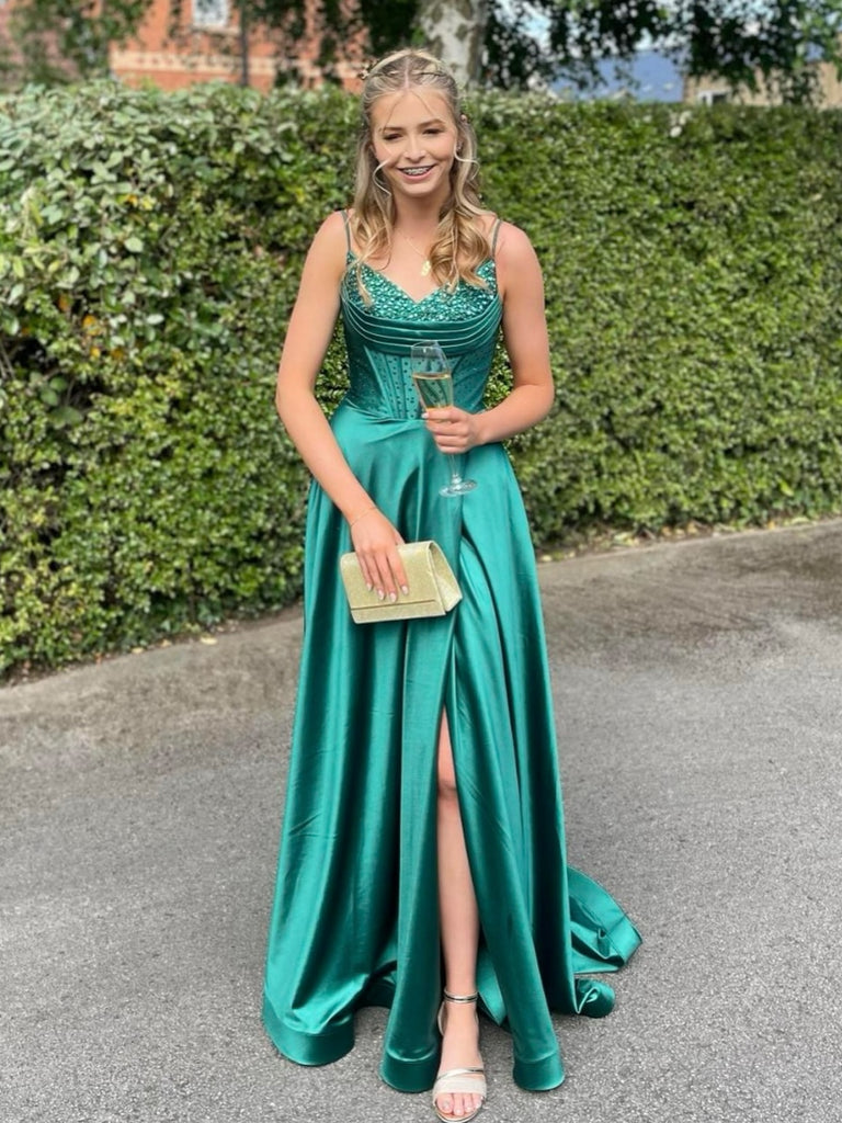 A Line Green Long Prom Dresses with High Slit, Long Green Formal Graduation Evening Dresses with Sequins