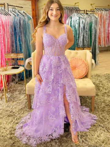 A Line Layered Purple Lace Long Prom Dresses with High Slit, Purple Lace Formal Dresses, Lilac Evening Dresses with Train