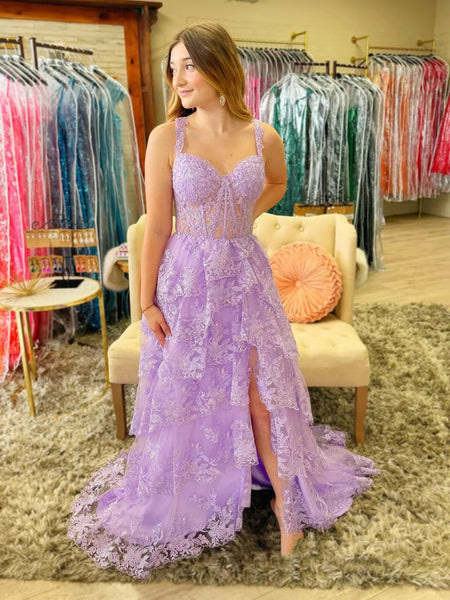 A Line Layered Purple Lace Long Prom Dresses with High Slit, Purple Lace Formal Dresses, Lilac Evening Dresses with Train