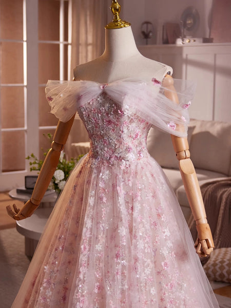 A Line Off the Shoulder Blue Pink Floral Beaded Long Prom Dresses, Off Shoulder Pink Blue Beaded Flower Formal Evening Dresses