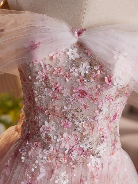 A Line Off the Shoulder Blue Pink Floral Beaded Long Prom Dresses, Off Shoulder Pink Blue Beaded Flower Formal Evening Dresses