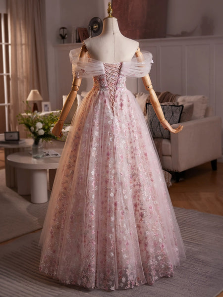 A Line Off the Shoulder Blue Pink Floral Beaded Long Prom Dresses, Off Shoulder Pink Blue Beaded Flower Formal Evening Dresses