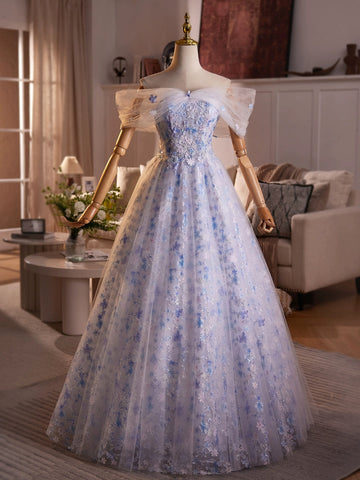 A Line Off the Shoulder Blue Pink Floral Beaded Long Prom Dresses, Off Shoulder Pink Blue Beaded Flower Formal Evening Dresses