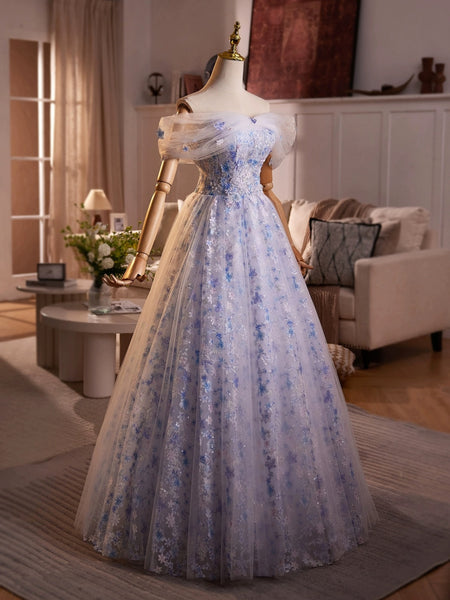 A Line Off the Shoulder Blue Pink Floral Beaded Long Prom Dresses, Off Shoulder Pink Blue Beaded Flower Formal Evening Dresses