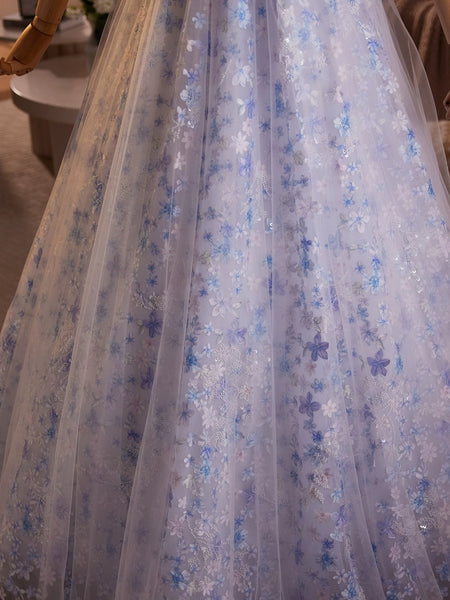 A Line Off the Shoulder Blue Pink Floral Beaded Long Prom Dresses, Off Shoulder Pink Blue Beaded Flower Formal Evening Dresses