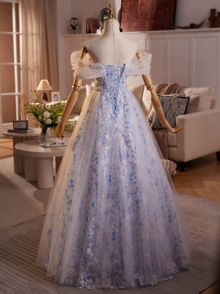 A Line Off the Shoulder Blue Pink Floral Beaded Long Prom Dresses, Off Shoulder Pink Blue Beaded Flower Formal Evening Dresses