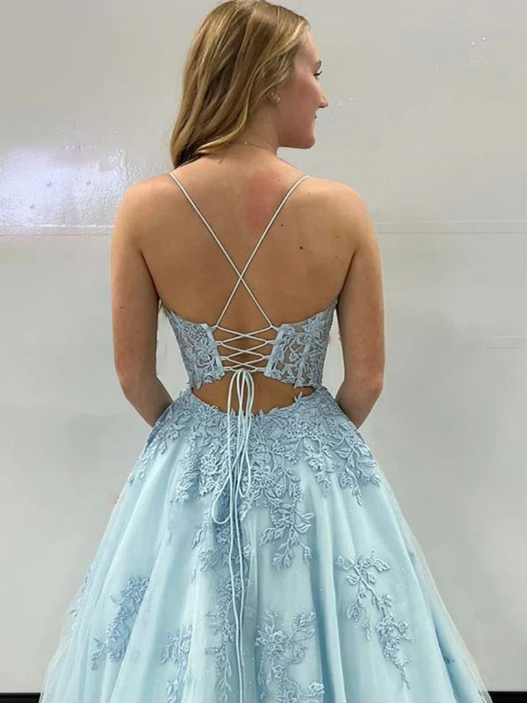 A Line Open Back Light Blue Lace Long Prom Dresses, Light Blue Lace Fo