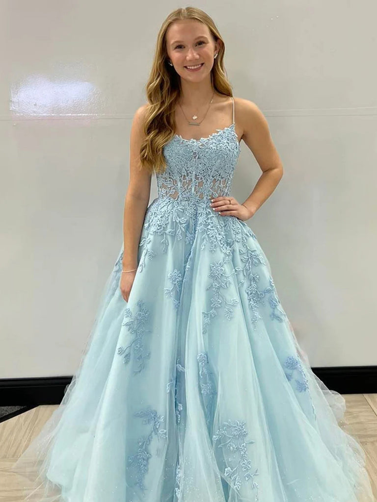 A Line Open Back Light Blue Lace Long Prom Dresses, Light Blue Lace Fo