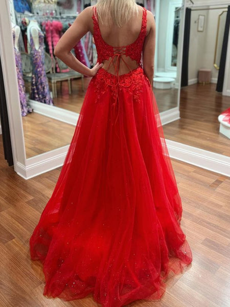 A Line Open Back Red Lace Long Prom Dresses with High Slit, Red Lace Formal Dresses, Red Evening Dresses