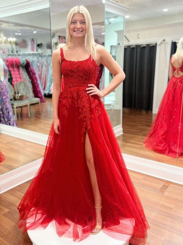 A Line Open Back Red Lace Long Prom Dresses with High Slit, Red Lace F jbydress A Line Open Back Red Lace Long Prom Dresses with High Slit, Red Lace F jbydress