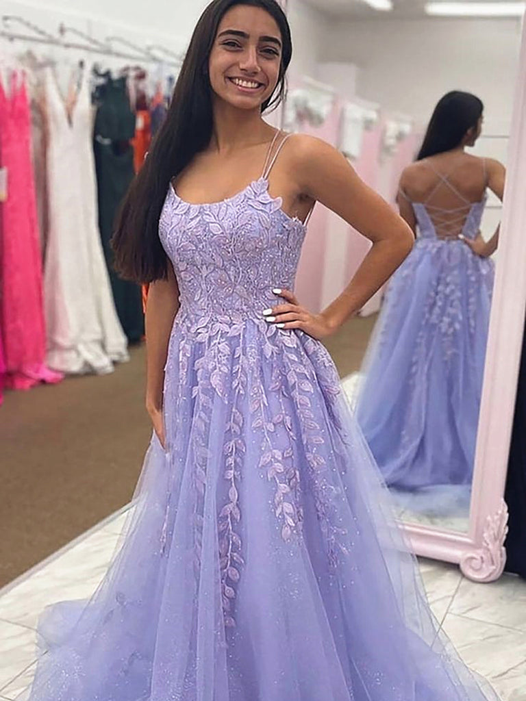 A Line Round Neck Backless Lace Tulle Glitter Prom Dress, Open Back Purple Lace Formal Evening Dresses