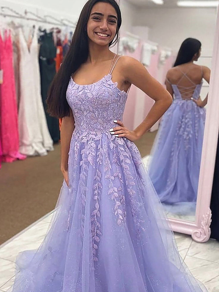 A Line Round Neck Backless Lace Tulle Glitter Prom Dress, Open Back Pu jbydress A Line Round Neck Backless Lace Tulle Glitter Prom Dress, Open Back Pu jbydress