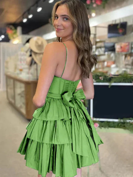 A Line Short Black Green Tiered Prom Dresses, Short Black Green Tiered Formal Homecoming Dresses