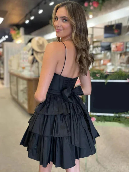 A Line Short Black Green Tiered Prom Dresses, Short Black Green Tiered Formal Homecoming Dresses