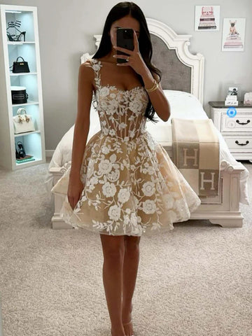 A Line Short Champagne Tulle Lace Prom Dresses, Short Champagne Formal Homecoming Dresses
