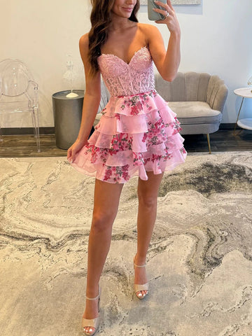 A Line Short Pink Lace Layered Prom Dresses, Short Pink Lace Layered Formal Homecoming Dresses