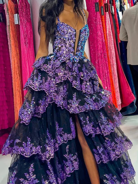 A Line Spaghetti Straps Black Purple Long Lace Prom Dresses, Spaghetti Straps Black Purple Lace Formal Evening Dresses