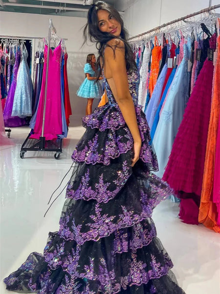 A Line Spaghetti Straps Black Purple Long Lace Prom Dresses, Spaghetti Straps Black Purple Lace Formal Evening Dresses