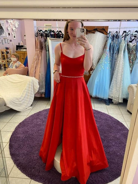 A Line Spaghetti Straps Red Long Prom Dresses with High Slit, Long Red Formal Graduation Evening Dresses