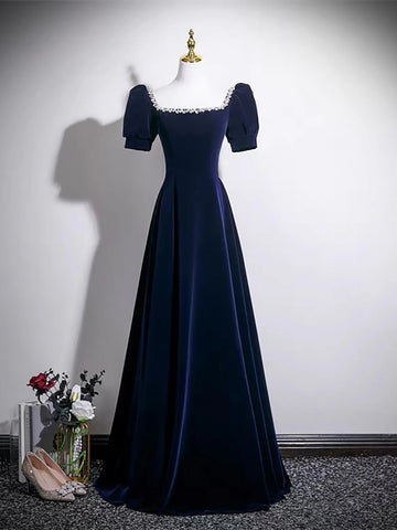 A Line Square Neck Dark Navy Blue Velvet Long Prom Dresses, Dark Navy Blue Velvet Long Formal Dresses