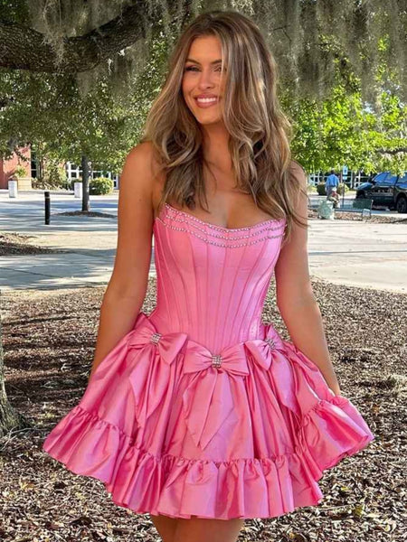 A Line Strapless Short Beaded Prom Dresses, Strapless Short Formal Homecoming Dresses