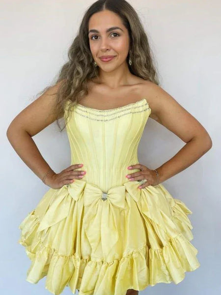 A Line Strapless Short Beaded Prom Dresses, Strapless Short Formal Homecoming Dresses