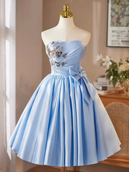A Line Strapless Short Blue Satin Prom Dresses, Short Light Blue Formal Homecoming Dresses