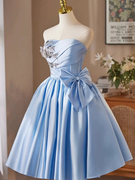 A Line Strapless Short Blue Satin Prom Dresses, Short Light Blue Formal Homecoming Dresses
