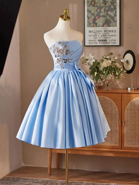 A Line Strapless Short Blue Satin Prom Dresses, Short Light Blue Formal Homecoming Dresses