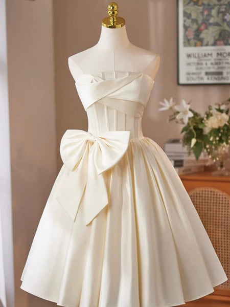 A Line Strapless Short Champagne Satin Prom Dresses, Short Champagne Satin Formal Homecoming Dresses